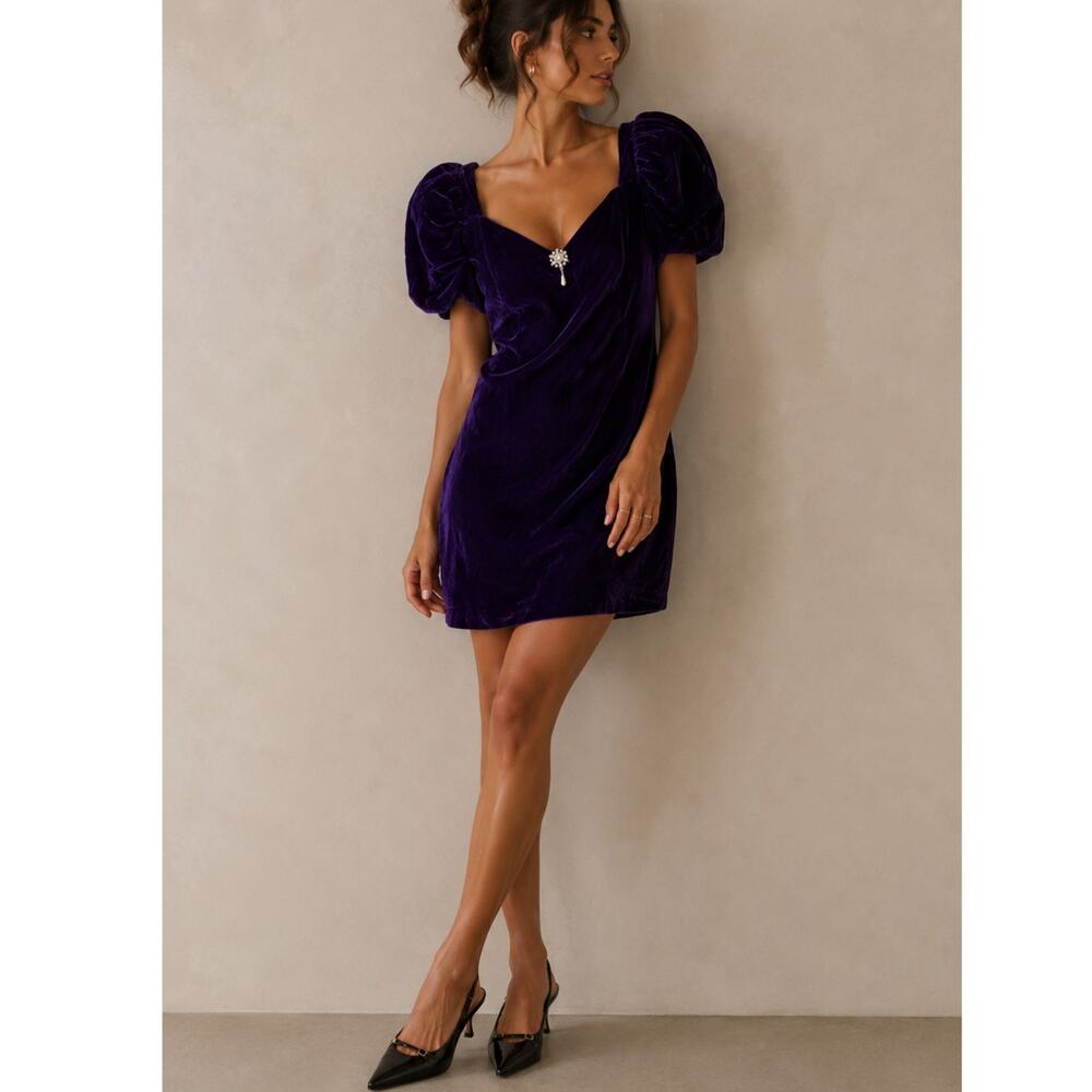 Vintage 80s Purple Velvet Puff Sleeve Mini Dress Womens 8 Fall Prom Formal Retro